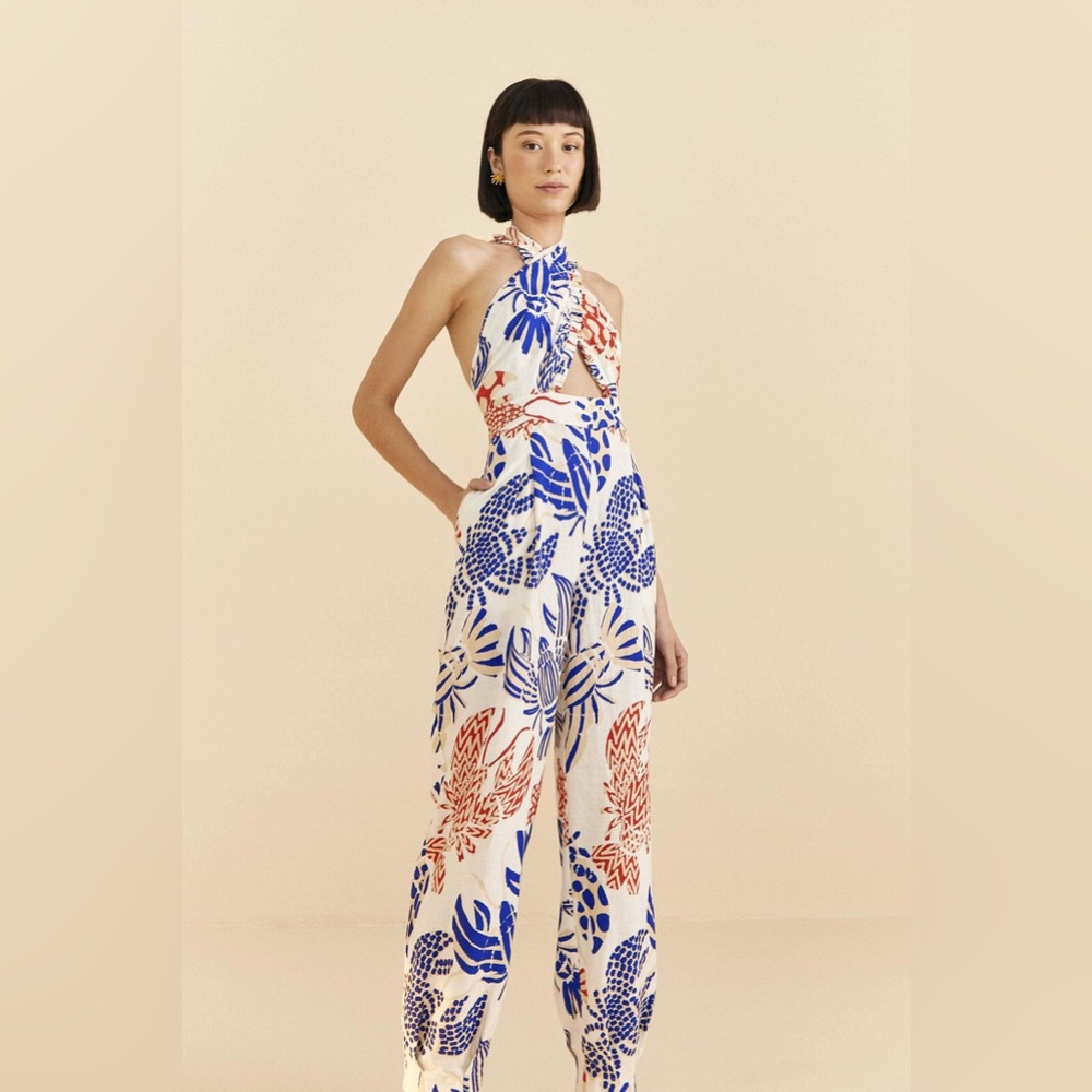 FARM Rio Women's Blue Off-white Mixed Lobsters Jumpsuit.